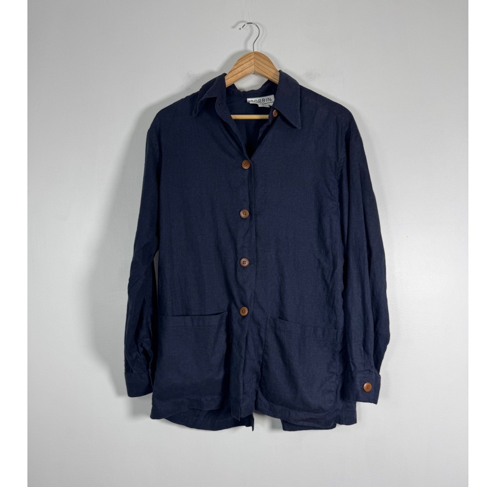 Coastal Grandma Corbin Threads Womens Sm Linen Shirt Jacket Navy Blue Button Up